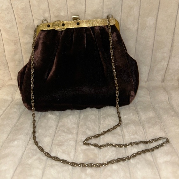 Handbags - Vintage 1940's Harry Levine Brown Velvet Clutch with Gold Accents